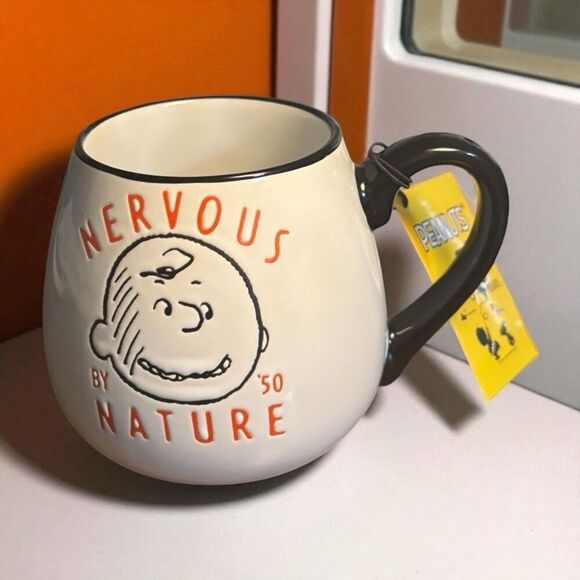 NEW Peanuts Charlie Brown "Nervous By Nature" 20oz Teardrop Shaped Stoneware Mug - Picture 1 of 5